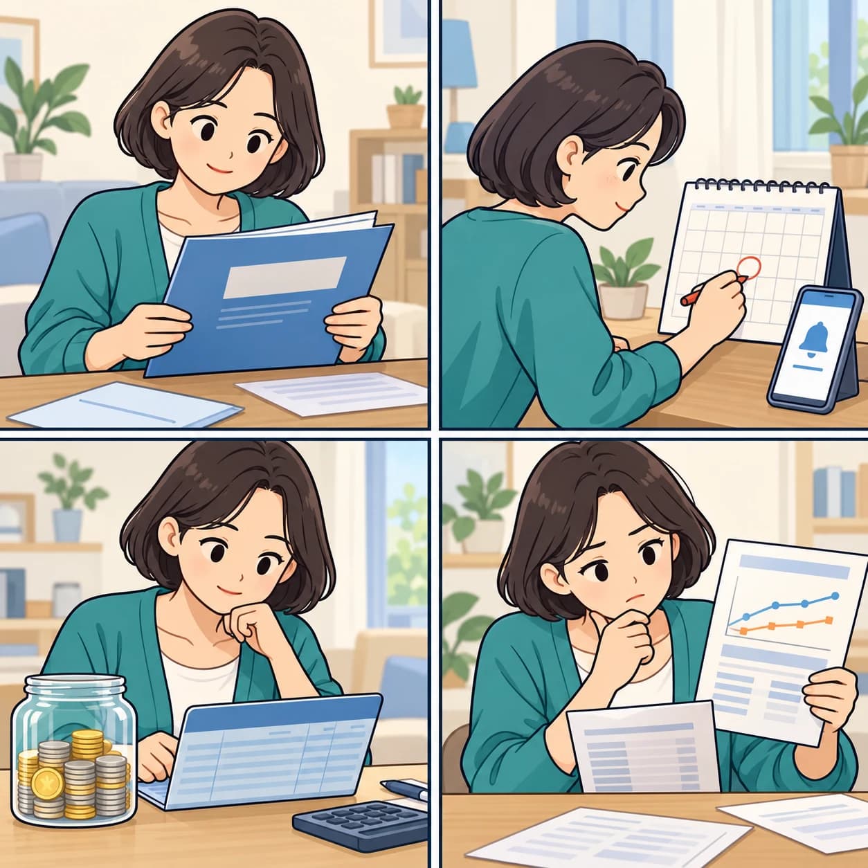 상환 일정을 받은 사람이 개인 달력에 알림을 남기고 계좌 잔액과 납입 내역을 차례로 점검하는 네 장면