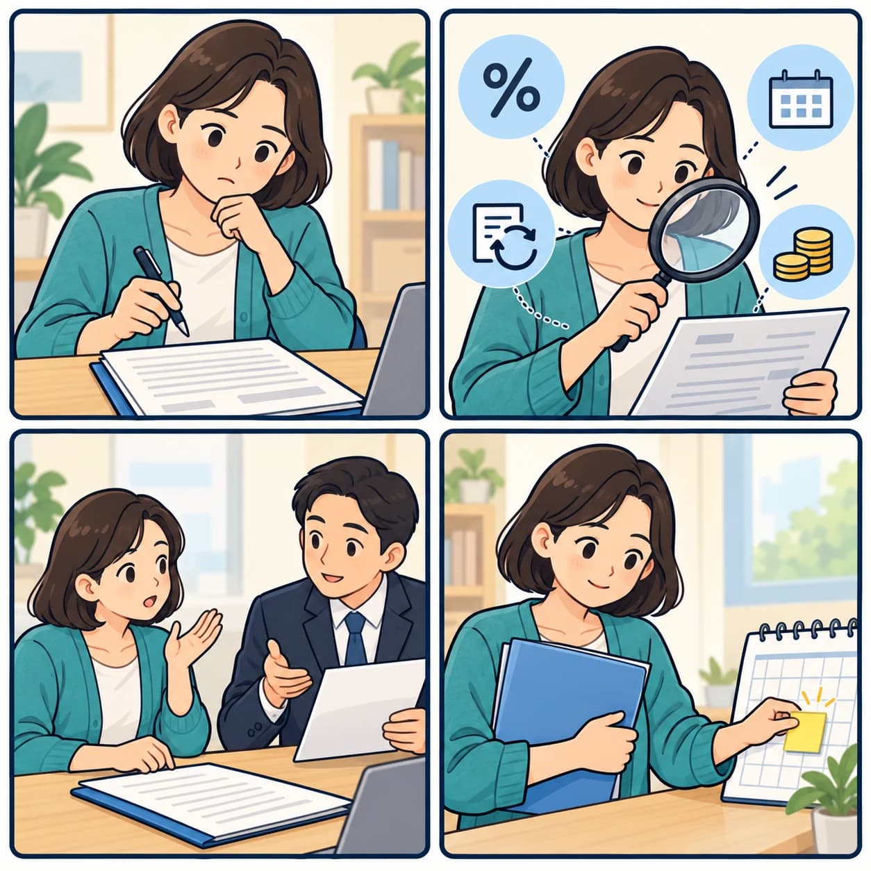 서명하기 전에 멈춘 사람이 금리·날짜·비용을 살펴보고 질문한 뒤 계약 서류 사본을 보관하는 네 장면