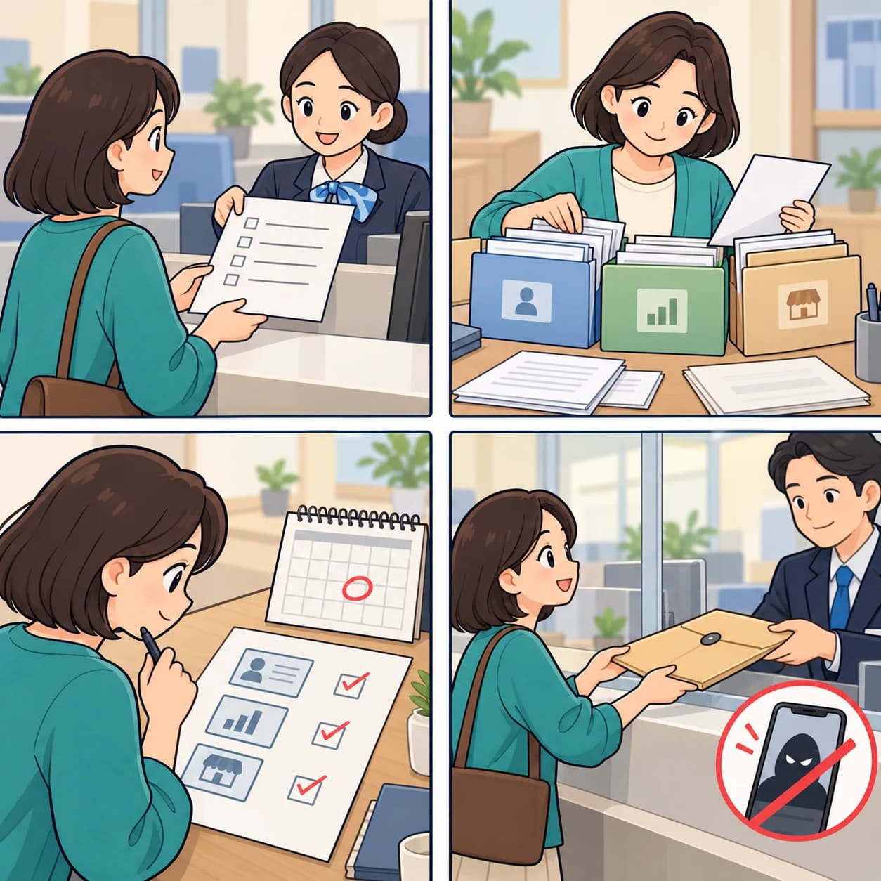 공식 서류 목록을 확인하고 서류를 분류한 사람이 발급 날짜를 점검한 뒤 공식 창구로 제출하는 네 장면
