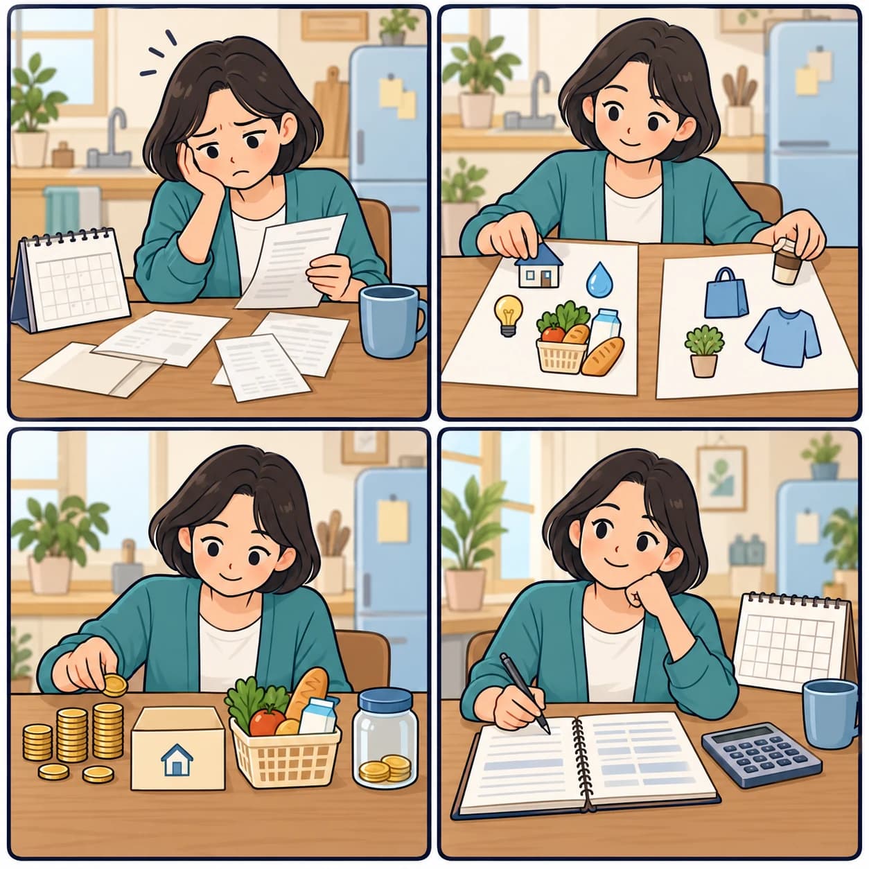 필요한 돈을 고민한 사람이 필수 지출을 나누고 수입·지출을 정리한 뒤 월 상환 메모를 만드는 네 장면