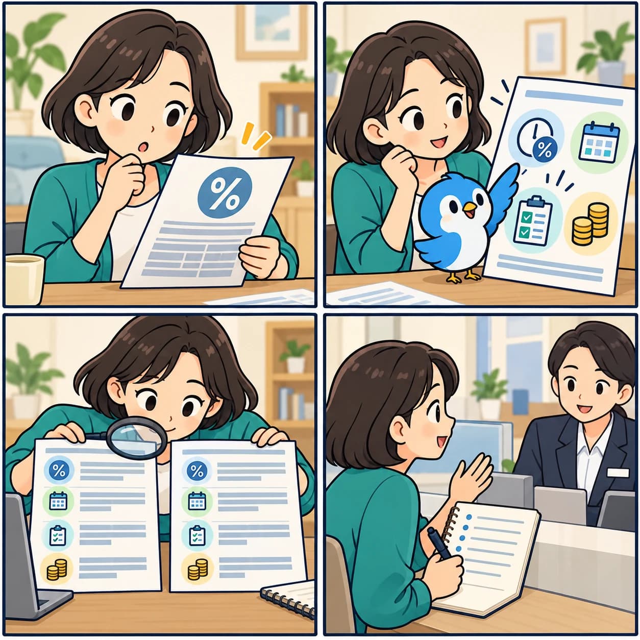 큰 금리 숫자에 주목하던 사람이 금리·상환조건·비용을 읽고 같은 항목을 비교한 뒤 질문하는 네 장면