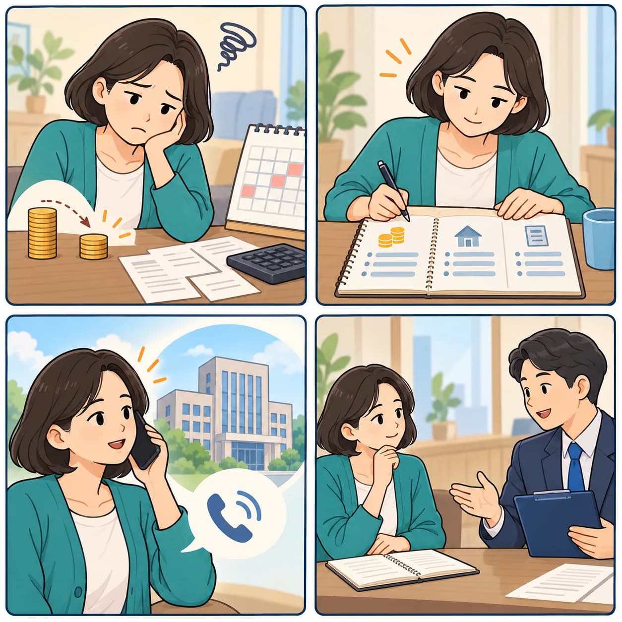 수입 감소로 걱정하던 사람이 납입 상황을 정리하고 공식 상담 창구를 확인한 뒤 상담 질문을 준비하는 네 장면