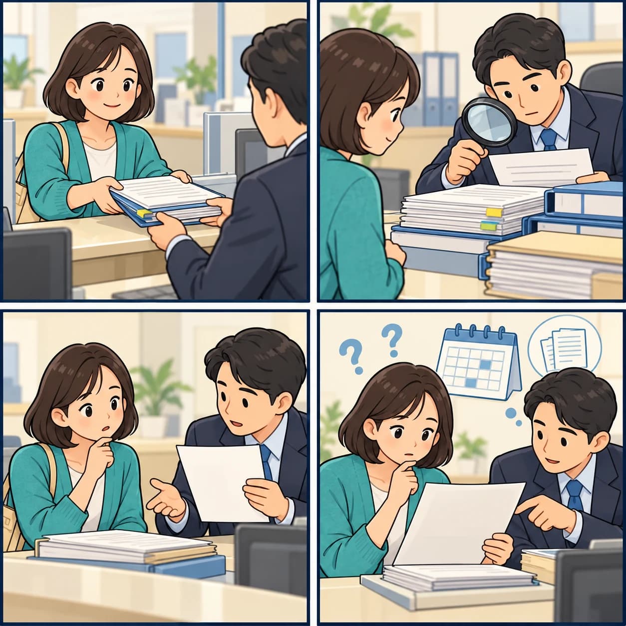 신청 자료를 제출하고 소득과 기존 빚을 확인받은 뒤 보완 자료를 준비하고 조건 설명을 듣는 네 장면